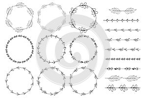 Set of floral hand-drawn brushes, borders, round frames in doodle style on white background. Vector illustration